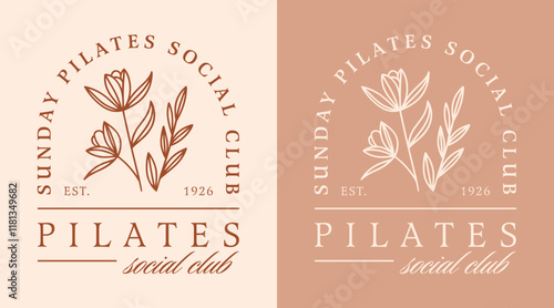 Pilates social club studio logo girls sunday self care wellness lovers women shirt design printable event invitation. Boho retro floral fancy luxury elegant beige terracotta lotus flowers aesthetic.