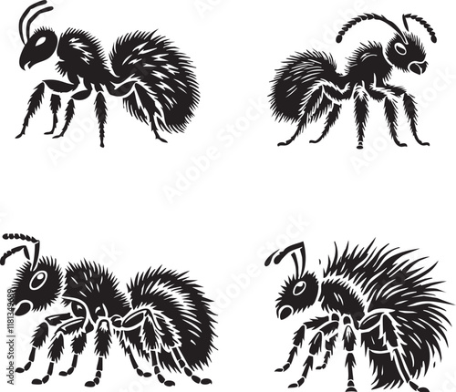 Elegant Silhouettes of the Furry Ant Isolated on a White Background in Monochrome Art Style"