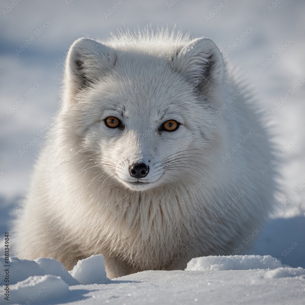 A white Arctic fox blending into the snow. A white Arctic fox blending into the snow.
