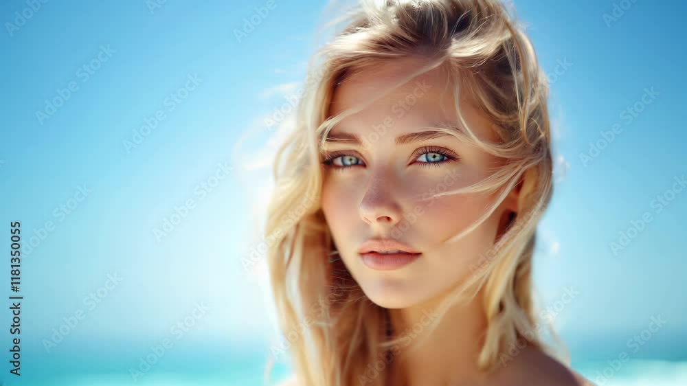 A stunning woman stands by the ocean, her long hair blowing in the gentle breeze. She gazes thoughtfully towards the horizon, with clear blue skies framing her captivating features. A stunning woman stands by the ocean, her long hair blowing in the gentle breeze. She gazes thoughtfully towards the horizon, with clear blue skies framing her captivating features.