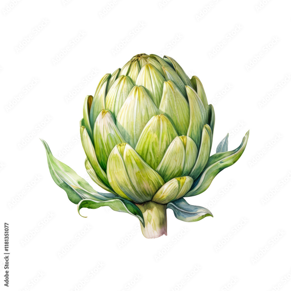 Fototapeta premium Watercolor Artichoke: A delicate and detailed watercolor painting of an artichoke, capturing its intricate texture and vibrant green hues.