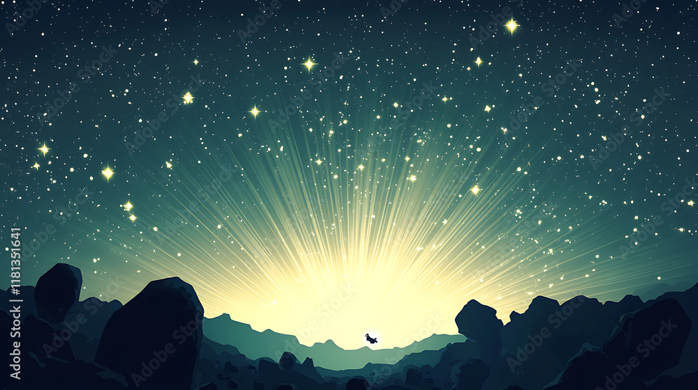 Fototapeta premium A serene landscape under a starry sky, with radiant beams of light emerging from the horizon.