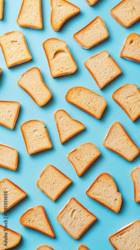 Food reduction waste concept. Scattered bread slices on a blue background. Food reduction waste concept. Scattered bread slices on a blue background.