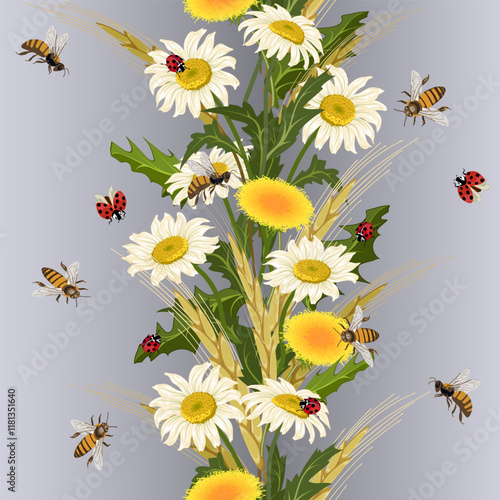 Illustration with flowers and insects.Ladybugs, bees and wildflowers in color vector pattern.