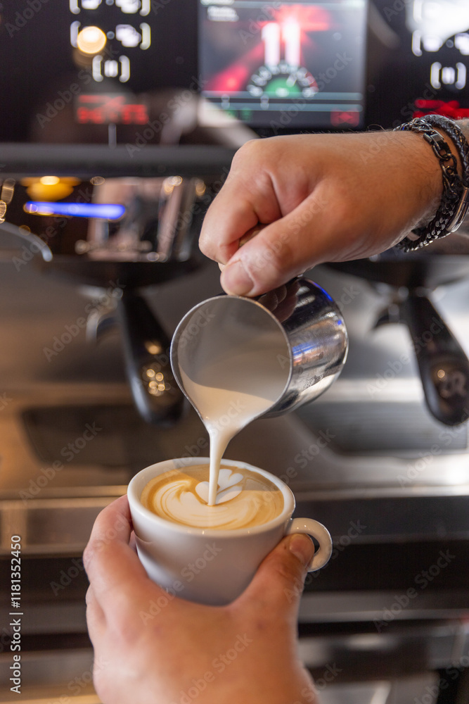 Professional barista preparing perfect cappuccino in the cafe bar Professional barista preparing perfect cappuccino in the cafe bar