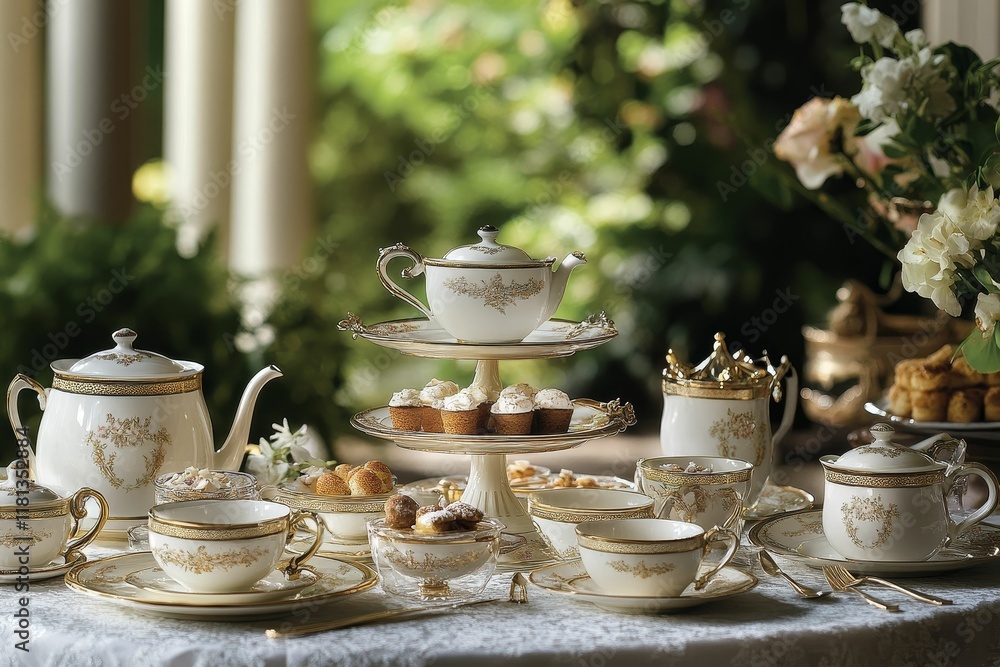Fototapeta premium Elegant gold-trimmed tea set, pastries, flowers.