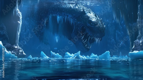 Underwater ice cave, colossal mythical beast, icy cavern, creature, depths, arctic, monster, legend, danger, frozen, chilling, spooky, scary, menacing, aquatic, beast, prehistoric, fantasy, dark, gloo photo