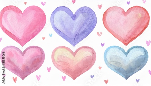 Valentines day, aquarelle illustration. Set of hand painted watercolor hearts. Valentine's day card or romantic post cards.