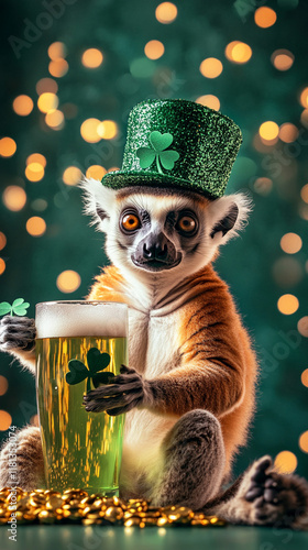 Happy St. Paddy's Day. St. Patrick's day vertical banner with lemur in green irish hat  gold coins, glitter and shamrock clover leaves. photo