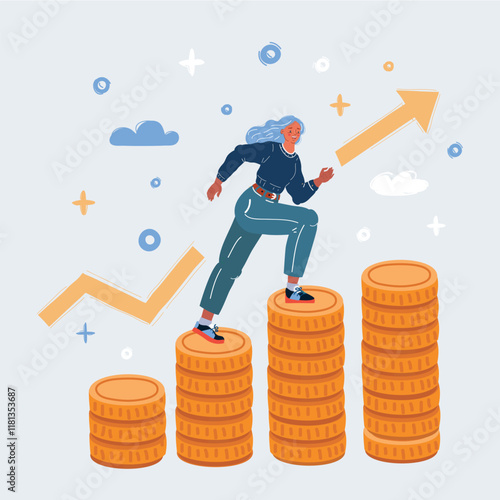 Cartoon vector illustration of Woman is climbing stairs from stacks of coins toward his financial goal. Earning, personal investment and pension savings concept.