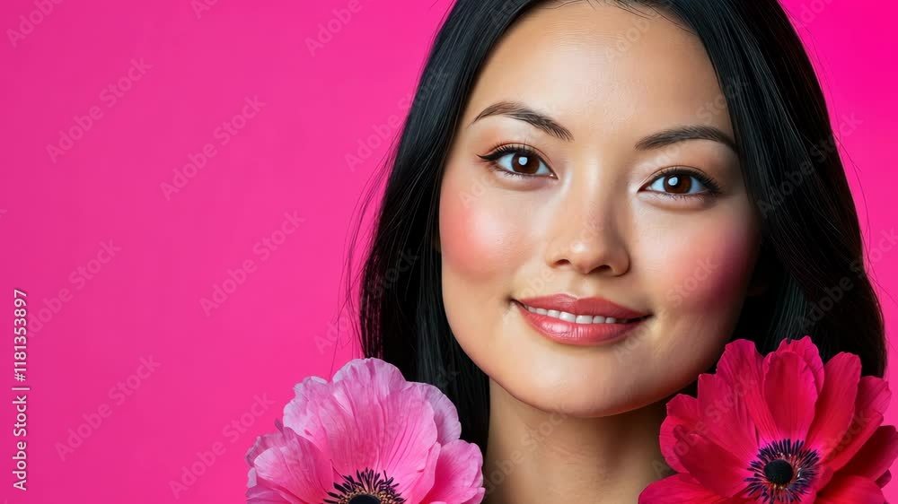 Woman with dark hair and a pink background. She is wearing a pink flower Woman with dark hair and a pink background. She is wearing a pink flower