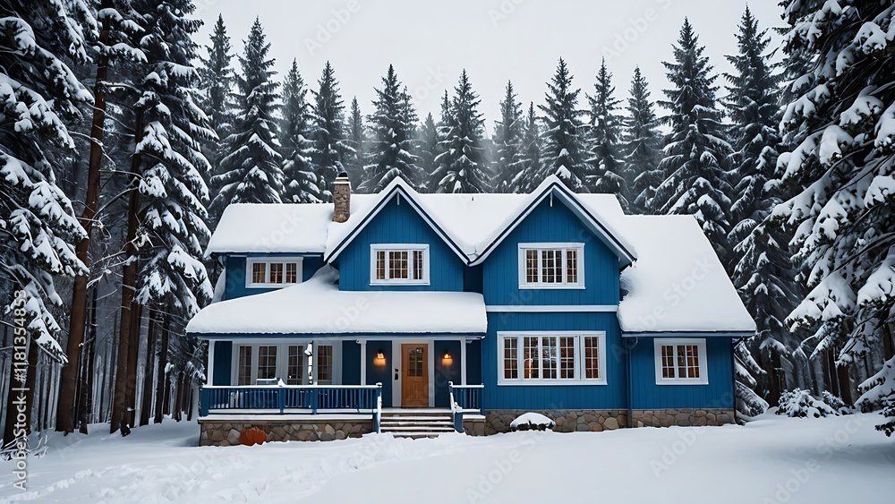 Wooden cabin surrounded by snowy forest in peaceful winter landscape with tall trees Wooden cabin surrounded by snowy forest in peaceful winter landscape with tall trees