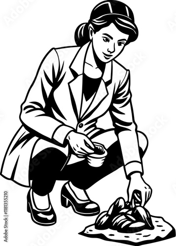 Line Art Of Young female archaeologist working on rare stone discovery 