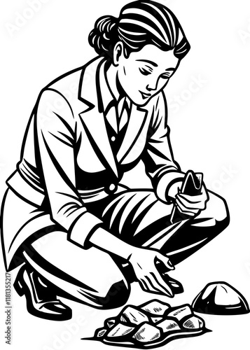 Line Art Of Young female archaeologist working on rare stone discovery 