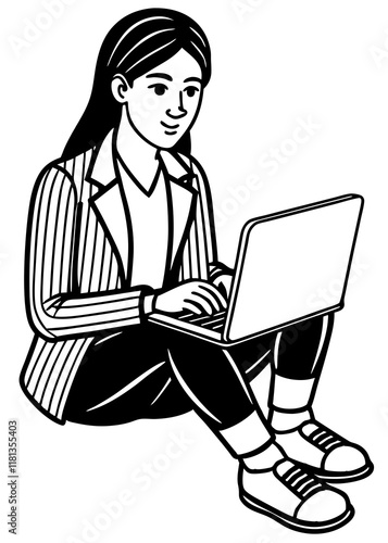 Arte lineal de una mujer trabajando en una computadora portátil, trabajo remoto, trabajo desde casa