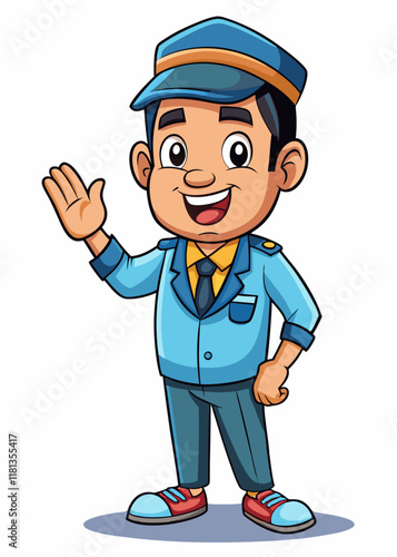 Male bus conductor waving hand to customers, bus driver greeting passengers, vector illustration of public transport worker in uniform.

