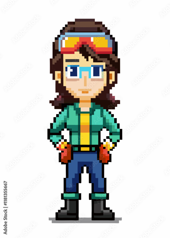Pixelated Young female scientist or adventurer in goggles posing Pixelated Young female scientist or adventurer in goggles posing