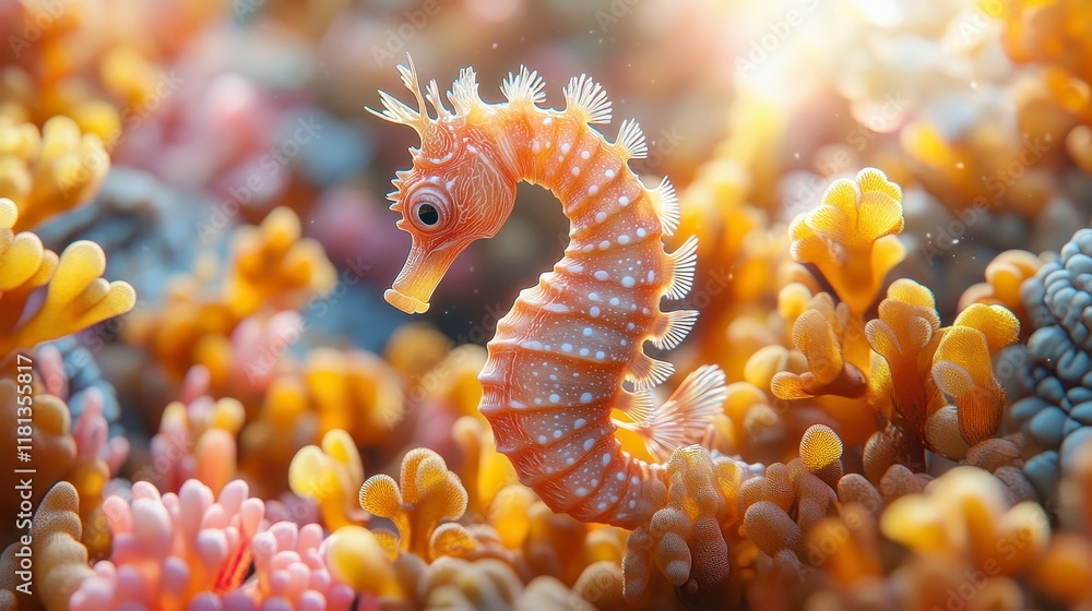 Obraz premium A tiny seahorse amidst vibrant coral reef, sunlit underwater scene.