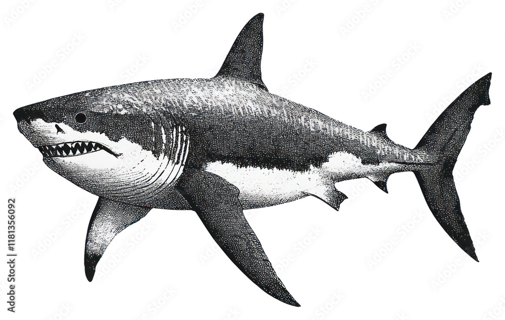 Obraz premium PNG Shark retro photocopy stipple effect white illustration predator.