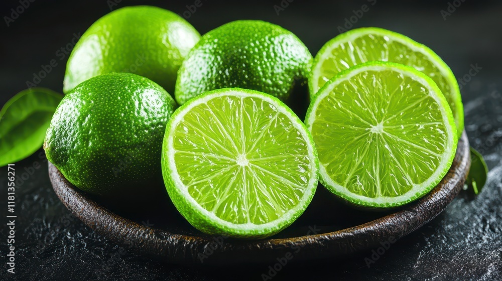 Fresh limes, whole and sliced, on a dark rustic plate. Fresh limes, whole and sliced, on a dark rustic plate.