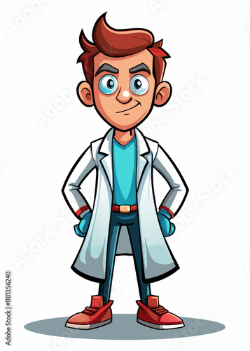 Retrato de un médico con bata de pie sobre fondo blanco. Profesional sanitario con uniforme médico.