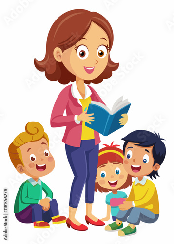 Madre o maestra leyendo un libro a los niños
