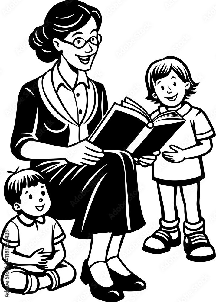 Madre o maestra leyendo un libro a los niños Madre o maestra leyendo un libro a los niños