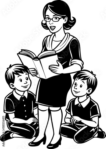 Arte lineal de una madre o maestra leyendo un libro a los niños