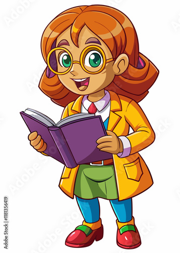 Maestra kawaii leyendo un libro. Una linda maestra enseñando y leyendo un libro a sus alumnos.