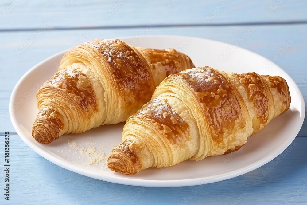 Two golden, flaky croissants on a white plate against a blue background. Two golden, flaky croissants on a white plate against a blue background.