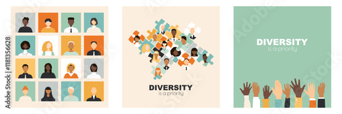 Diversity set with icons and hands. Modern colorful design.