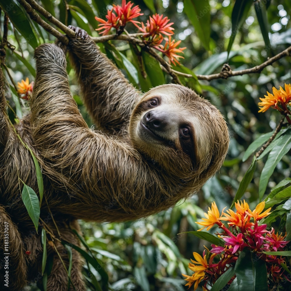 Fototapeta premium A sloth hanging lazily from a tree in a tropical rainforest filled with lush greenery and colorful flowers.