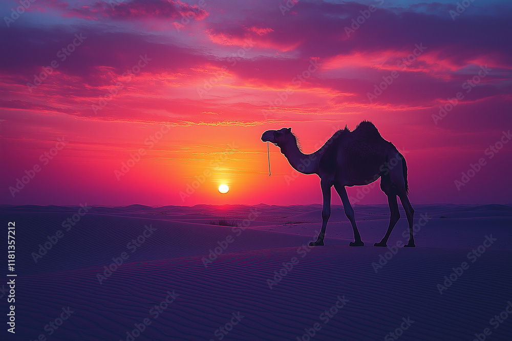 A peaceful moment of a camel walking across the desert, with the warm sunset casting soft light over the sand. The vastness of the desert and the camel's graceful movement highlight the resilience of A peaceful moment of a camel walking across the desert, with the warm sunset casting soft light over the sand. The vastness of the desert and the camel's graceful movement highlight the resilience of