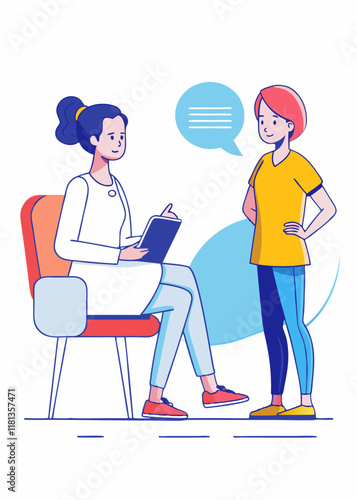 Minimalist Female psychological counselor talking to patient during therapy session.