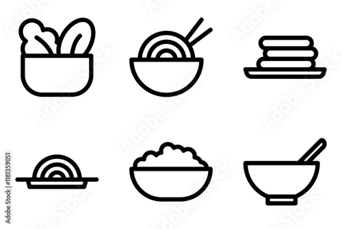 food and meal icon set. salad bowl, noodle bowl, pancake stack, pasta, rice bowl and soup bowl icons