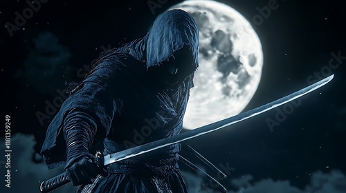 A hooded figure wielding a katana under a full moon at night. photo