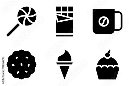 sweet food icon vector template such as candy, chocolate bar, coffee  mug, cookies, ice cream cone and  cupcake icons