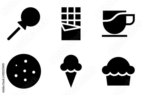 sweet food icon vector template such as candy, chocolate bar, coffee  mug, cookies, ice cream cone and  cupcake icons