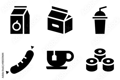 juice box, milk carton, milkshake, sausage, tea cup and sushi roll icon vector template. 