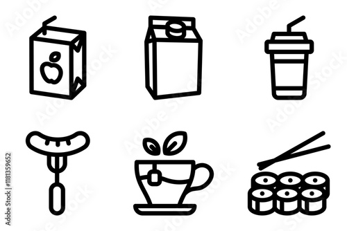 juice box, milk carton, milkshake, sausage, tea cup and sushi roll icon vector template. 