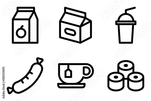 juice box, milk carton, milkshake, sausage, tea cup and sushi roll icon vector template. 