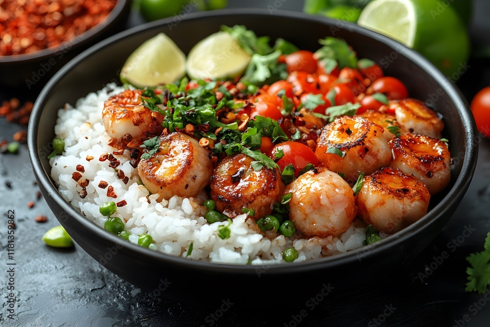Grilled Scallops and Rice Bowl with Lime and Fresh Herbs for Gourmet Cuisine Grilled Scallops and Rice Bowl with Lime and Fresh Herbs for Gourmet Cuisine