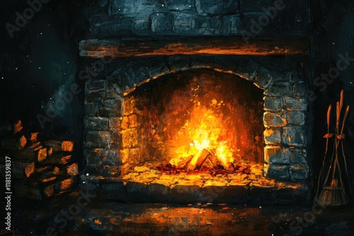 Stone Fireplace With A Bright Burning Fire