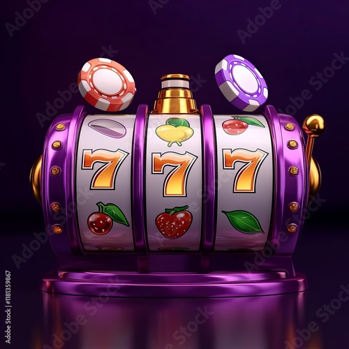 Vivid slot machine with spinning reels and gold accents, jackpot 777 display, glowing purple background, casino mobile game artwork