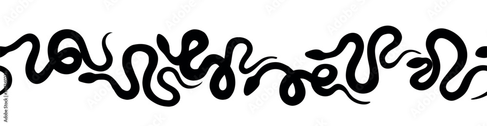 Snakes set seamless border isolated on white background. Header for letters, websites, mailing lists. Symbol snake of 2025 year. Simple black contour drawing Snakes set seamless border isolated on white background. Header for letters, websites, mailing lists. Symbol snake of 2025 year. Simple black contour drawing