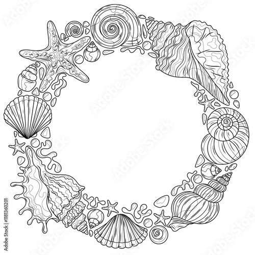 Circle of shells.Coloring book antistress for children and adults.