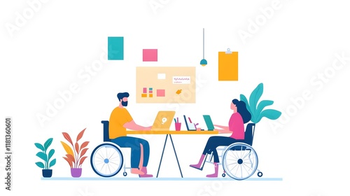 A wheelchair-user presenting an innovative idea to their team in a bright workspace.