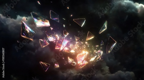 **A swirling cloud of floating luminous shards shaped like fragmented mirrors