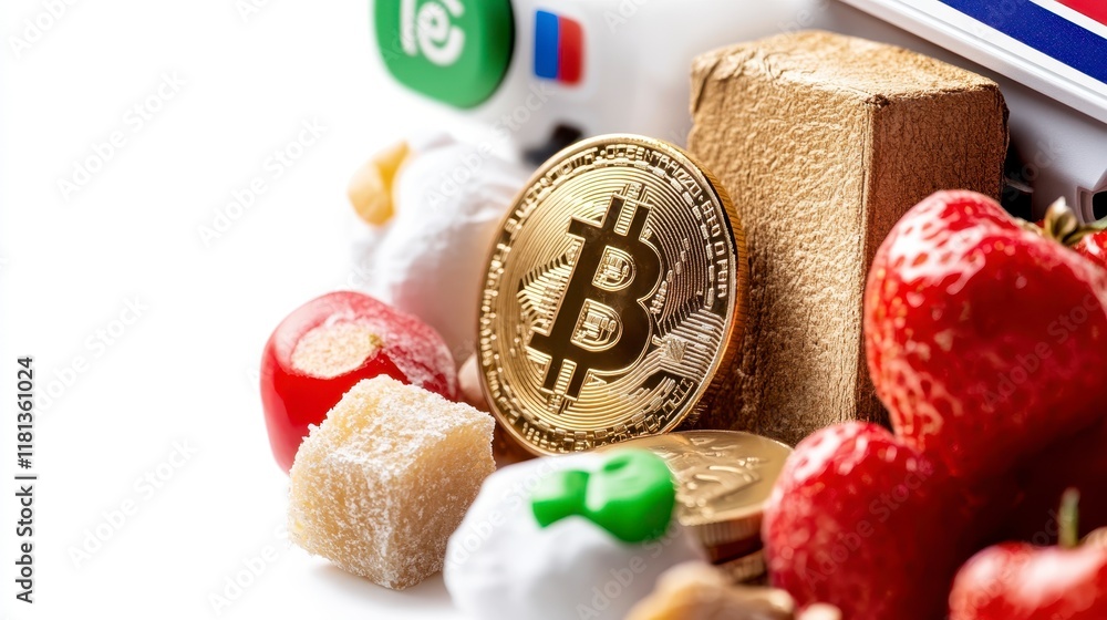 Bitcoin Cryptocurrency with Sweets Strawberries and Packaging Close Up Bitcoin Cryptocurrency with Sweets Strawberries and Packaging Close Up