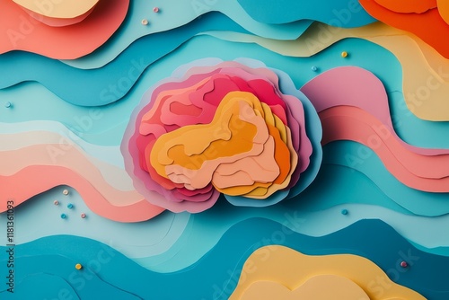 Brain, collage art and creative artwork made of paper neurodivergent, neuroscience and ADHD or autism. Colourful, vibrant pop and creative graphic design poster for background, Generative AI